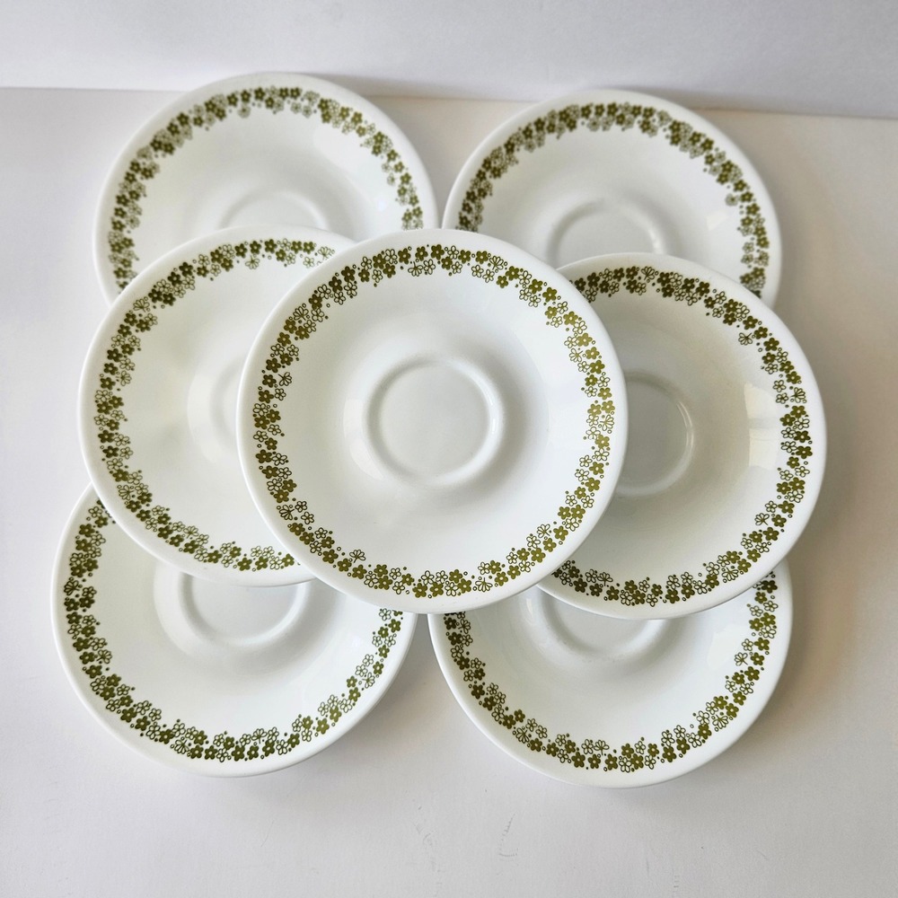 Vtg Corelle by Corning Livingware Saucers SET OF 7 Spring Blossom Green - 6in